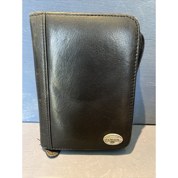 Fossil Black Leather Palm Pilot Zippered Zip Case Organizer Wallet Card Carrier - Picture 1 of 5